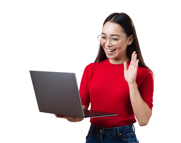 Person waving at laptop